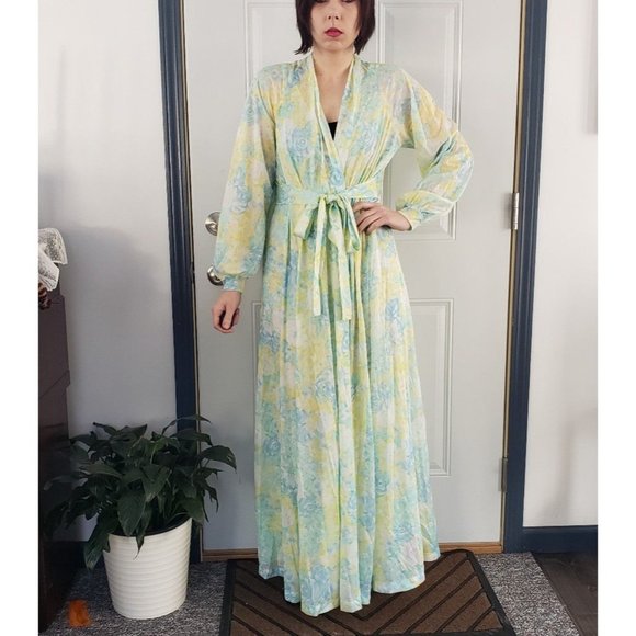 70s Green, Yellow, and Blue Floral Robe and Nightgown Set - Picture 3 of 6
